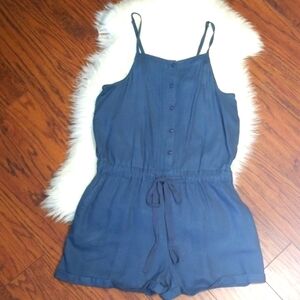 Wild Pearl Blue Drawstring Button Front  Romper